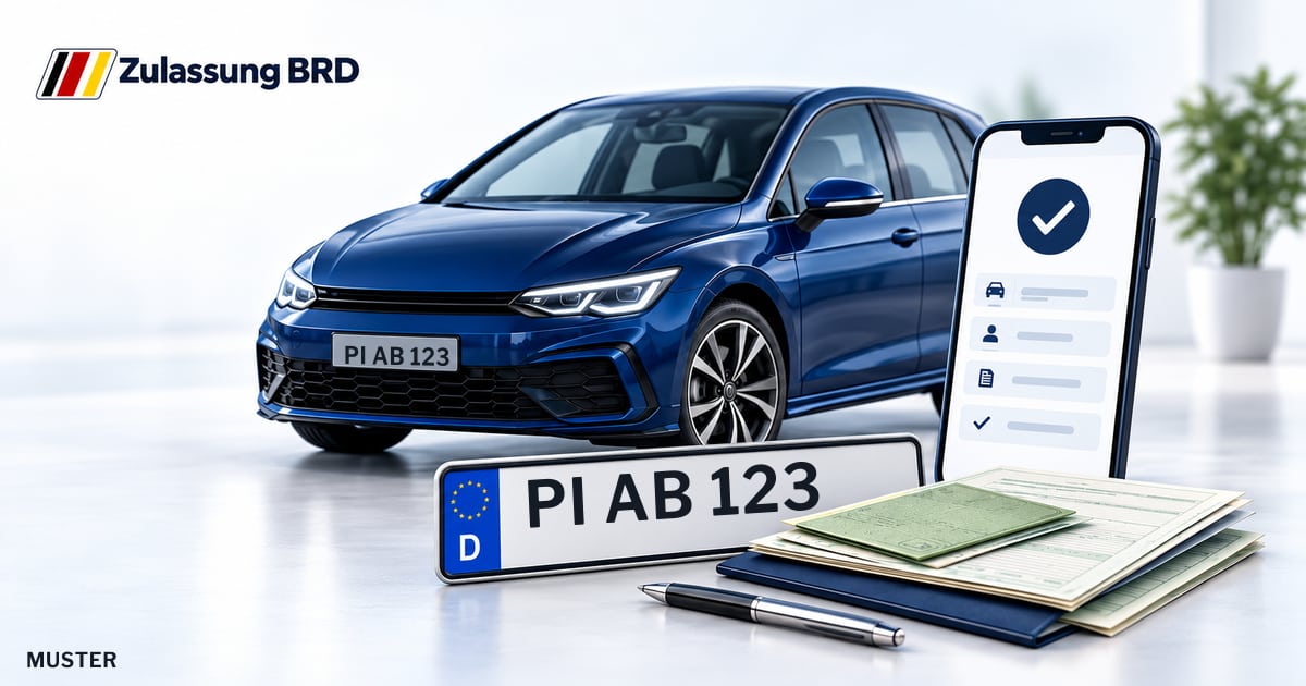 Online Fahrzeugzulassung in Rellingen: Musterkennzeichen PI AB 123, Auto und Fahrzeugpapiere und Smartphone. Illustration mit Logo von Zulassung BRD.
